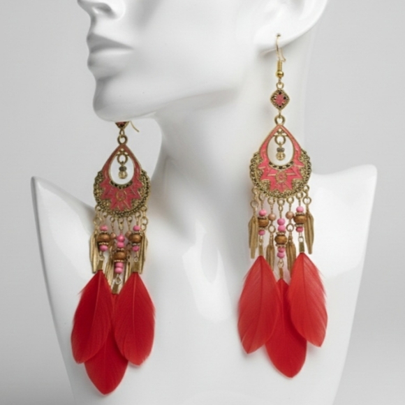 Feather earrings for women, vintage bohemian style with dreamcatcher .5 Inches - Picture 11 of 12